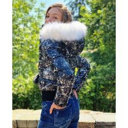 Дамско пухено яке с качулка, City Angels Jeans, черно бял лак, 6817